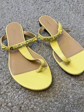 Givenchy Yellow Leather T-Strap Logo Slide Sandals